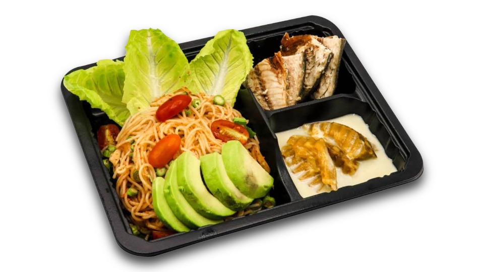 ยำขนมจีน-ปลาทูทอด-ผักสด-แกงบวดฟักทอง (Yum Kanom Jeen - Fried Mackerel - Vegetables - Sweet Coconut Milk Pumpkin) — Baan Khanitha Express Meal Box